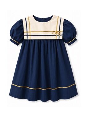 Little Star Blue Gold White Sailor Vintage Inspired Puff Sleeve Dress Girls 4